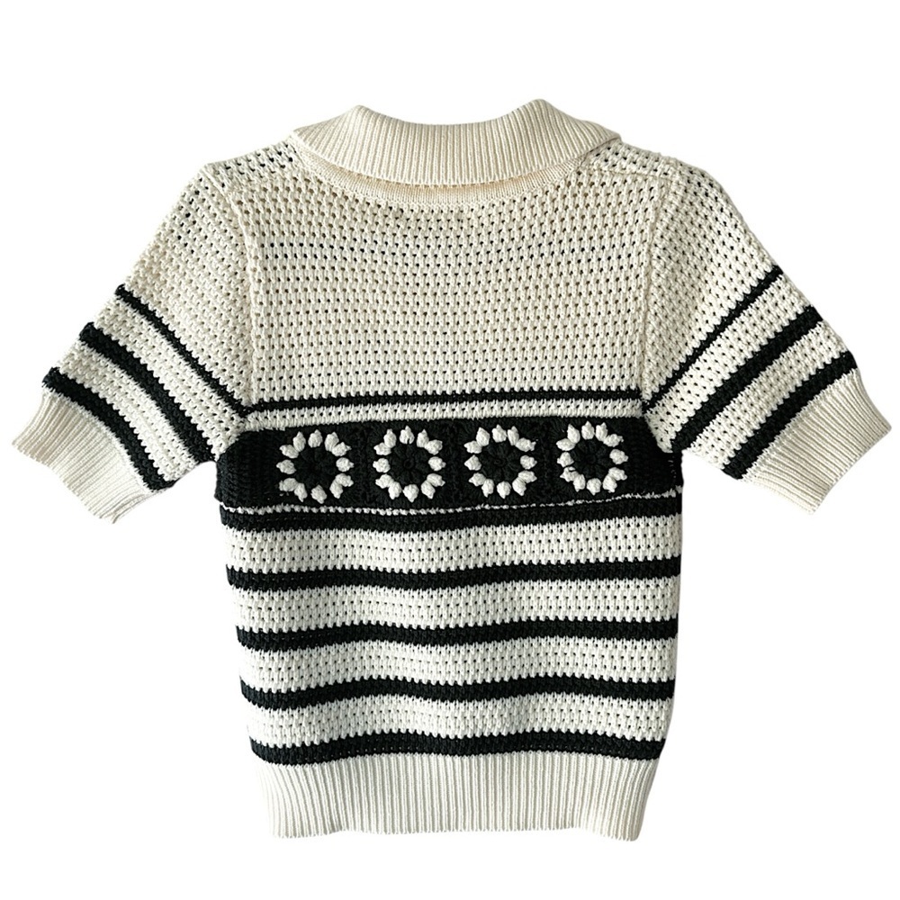 NWT | CROCHET STRIPED SPLIT V-NECK COLLARED TOP NAVY BLUE & OFF WHITE | XS - Picture 6 of 12